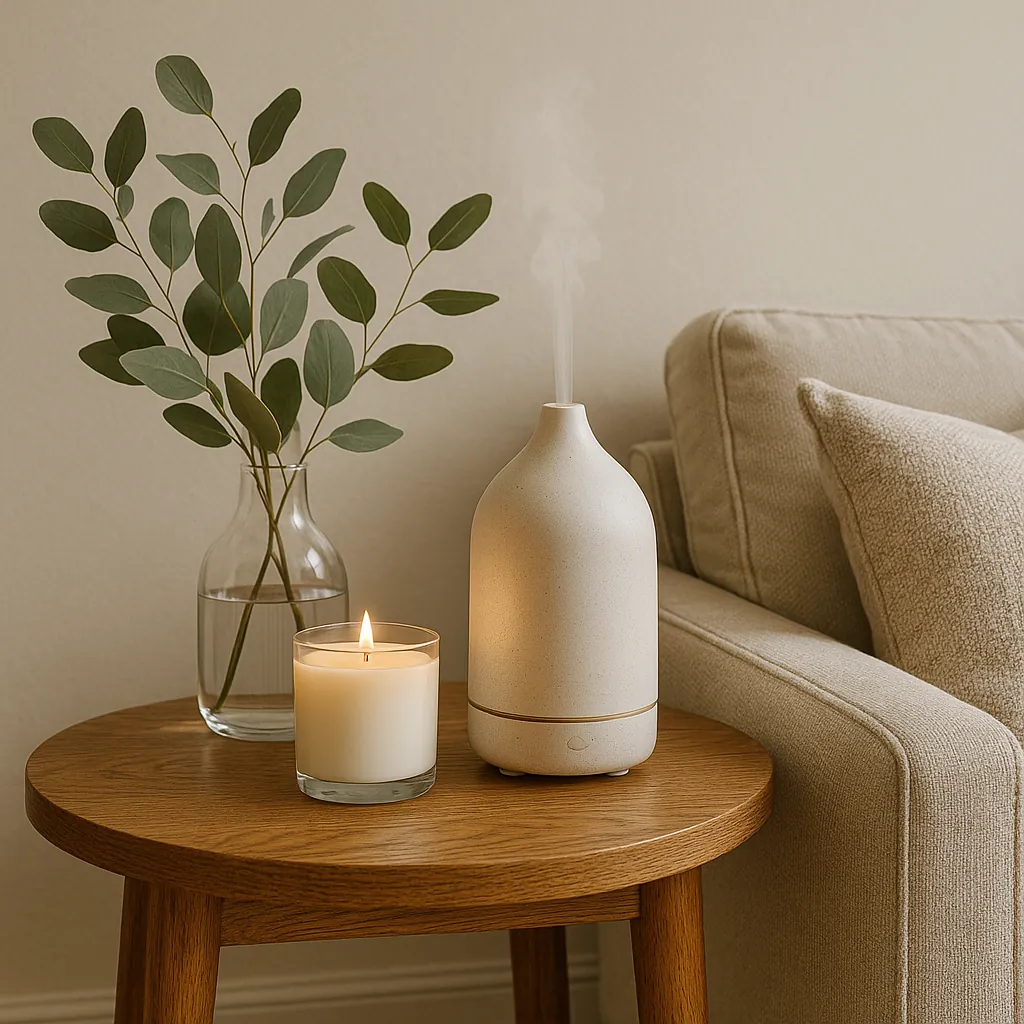 Cozy side table with a candle, essential oil diffuser, and eucalyptus vase beside a textured armchair, styled to add intentional scent and elegance to the space.