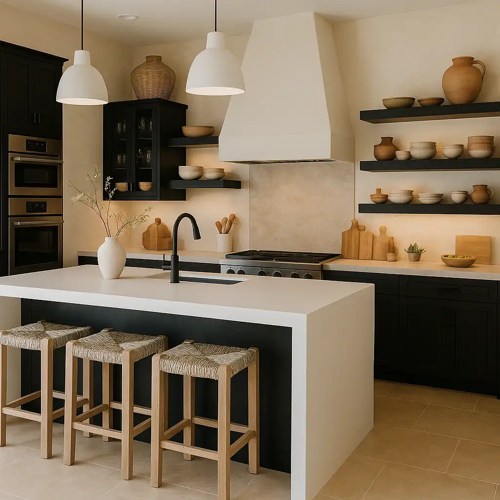 Mediterranean-inspired kitchen with a plaster hood, waterfall island with sink, dark textured cabinetry, open wood shelves, and soft natural light.