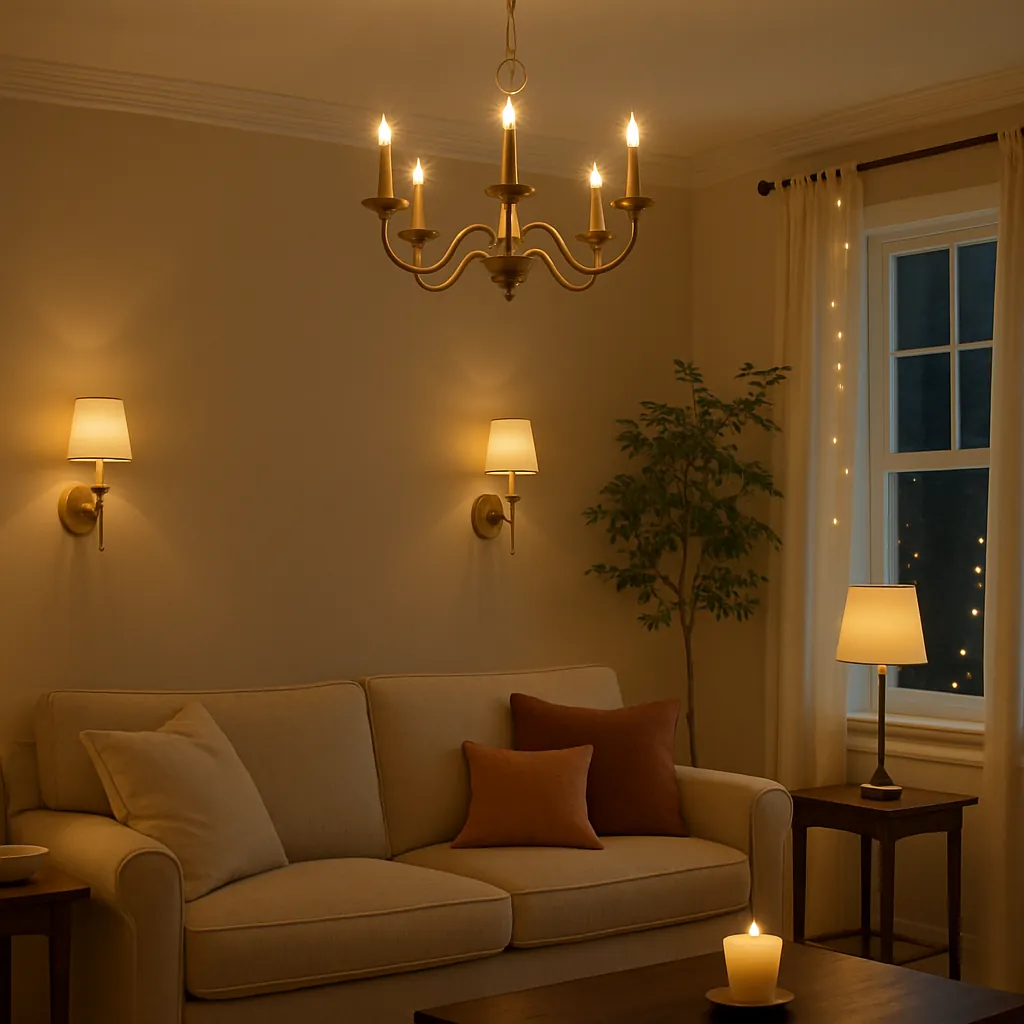 Warm living room with layered lighting including a brass chandelier, sconces, table lamp, and candlelight, styled to make the home look expensive on a budget.