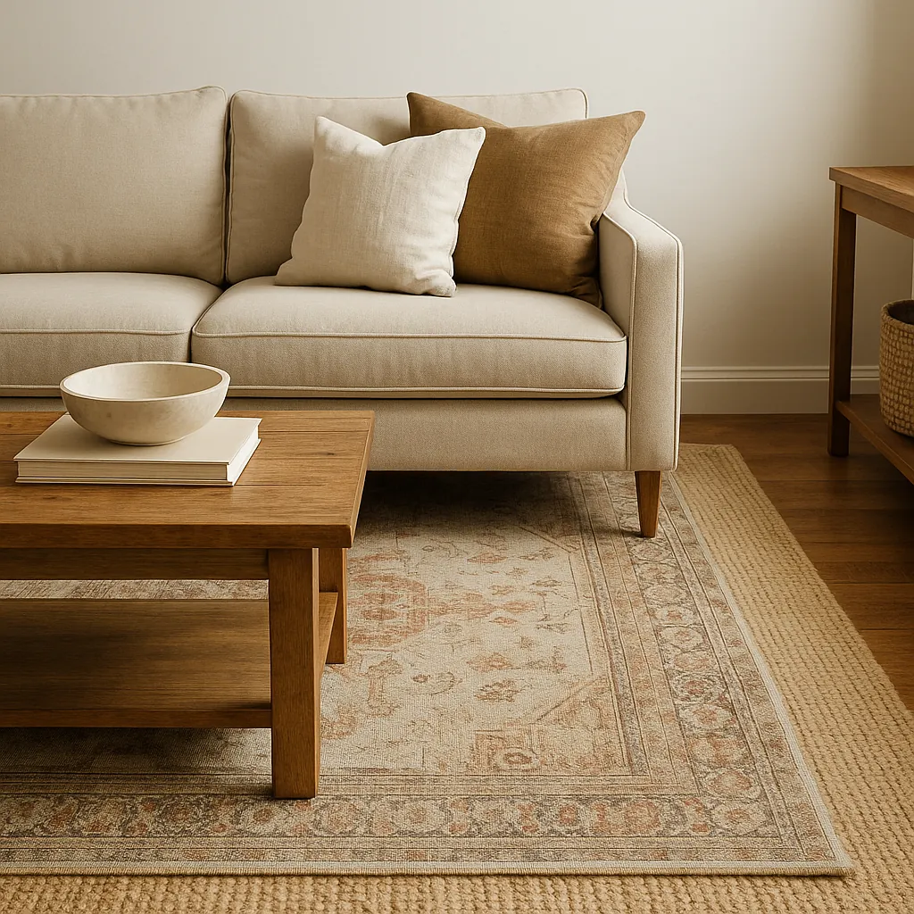 Beige sofa and wood coffee table styled over layered rugs—a jute base and vintage pattern—creating a warm, grounded look in a cozy neutral living space.