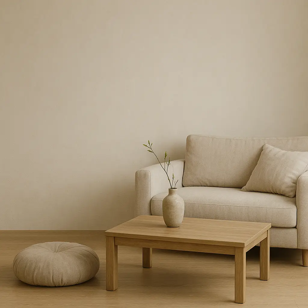 A Japanese-inspired minimalist space with a neutral sofa, clean wooden coffee table, and soft floor cushion — showcasing home decor trends that value openness, flow, and intentional simplicity.