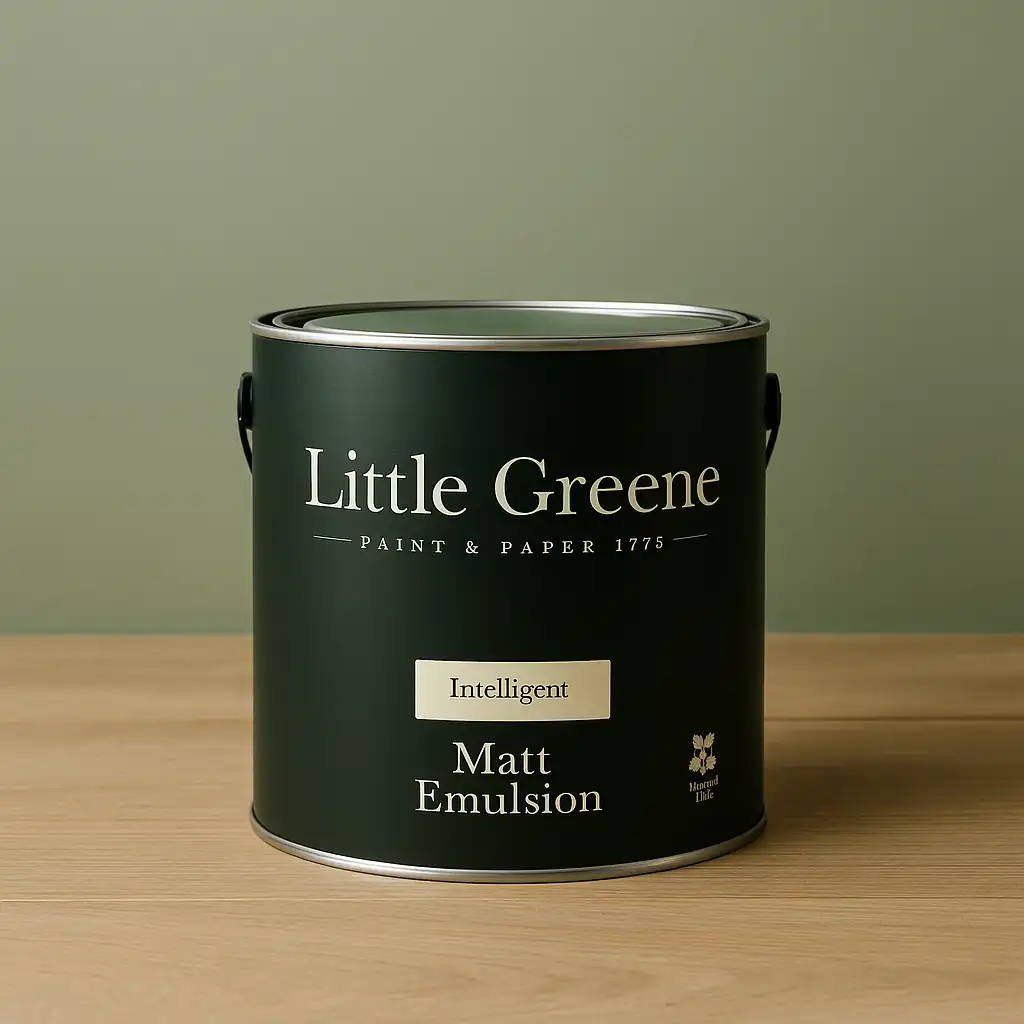 A 2.5-liter can of Little Greene Intelligent Matt Emulsion in deep green with serif white text and the National Trust logo, set on a light wood floor with a sage green wall.