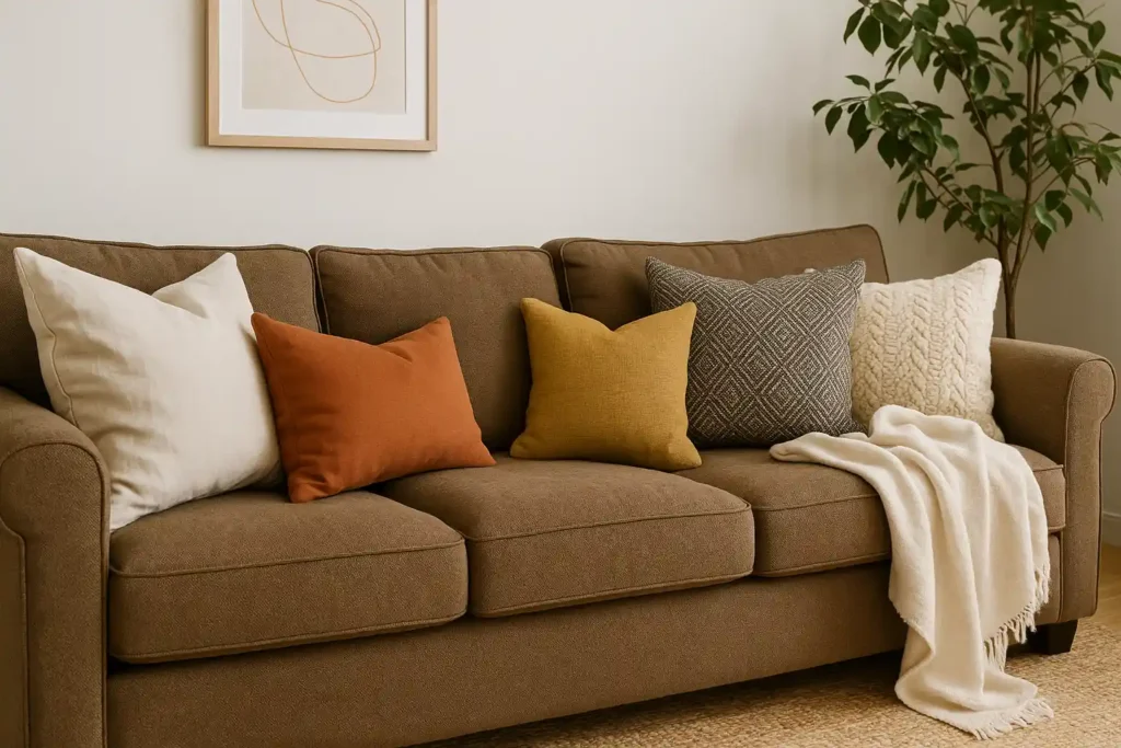 A cozy living room with a brown fabric sofa styled with five throw pillows in neutral and earthy tones, a casually draped cream throw blanket, and a framed abstract artwork—capturing a lived-in, relaxed aesthetic.