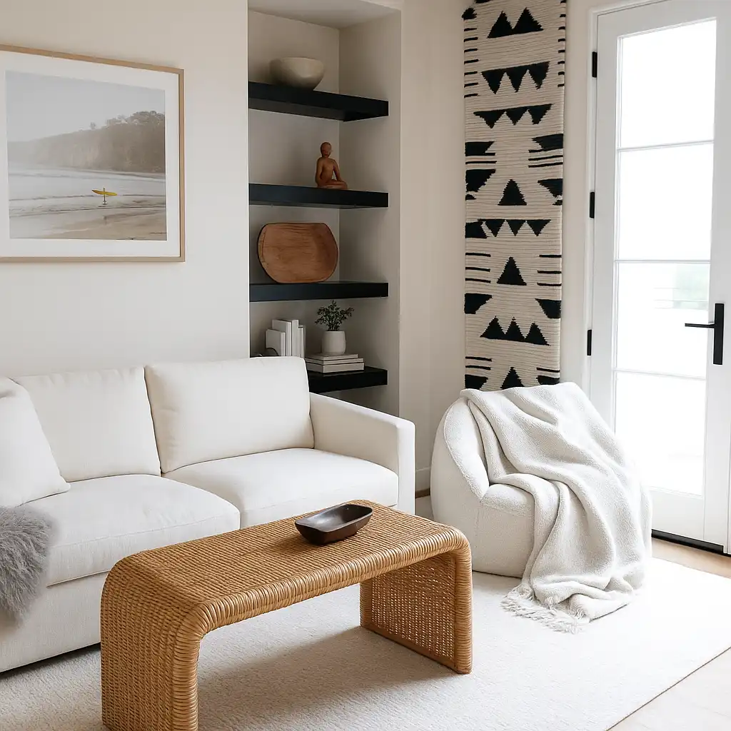 Cozy neutral-toned living room with an off-white sofa, rattan coffee table, black built-in shelves, textured wall hanging, and soft natural light from French doors.