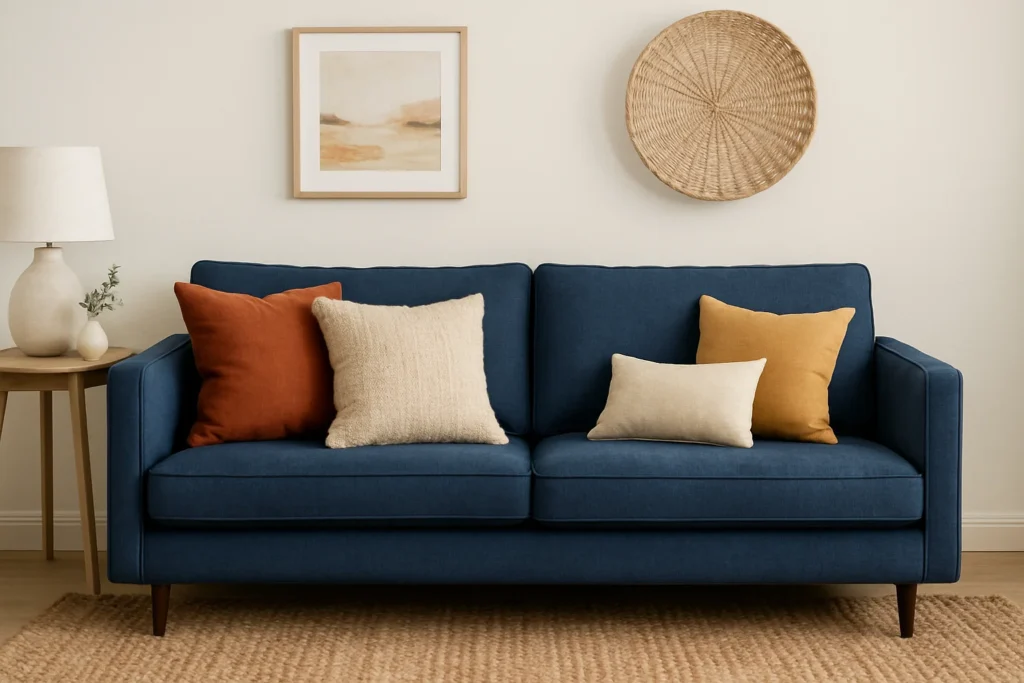 A cozy living room featuring a navy-blue sofa styled with rust, cream, and mustard throw pillows. The space includes a jute rug, wooden side table with a neutral lamp and ceramic vase, and warm-toned wall art—illustrating a balanced pillow color story.