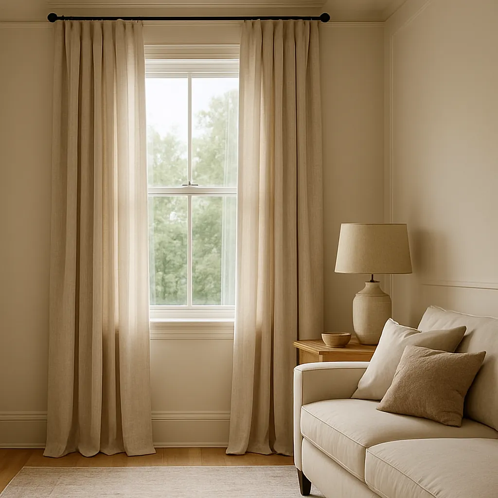 Living room corner with tall beige linen curtains hung near the ceiling, styled with a cream sofa, side table, and soft neutral decor for a grand, airy feel.