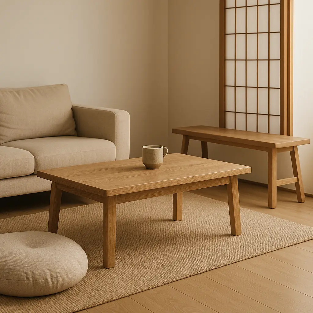 A minimalist Japanese-inspired living room with a low coffee table, floor cushion, and wooden bench — highlighting Japanese decorating trends that use grounded furniture for a calm, connected home feel.