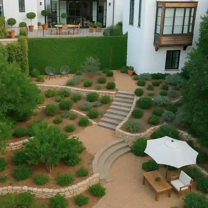 Terraced backyard garden with curved stone steps, gravel walkways, Mediterranean plants, and a shaded seating area beside a white stucco home.