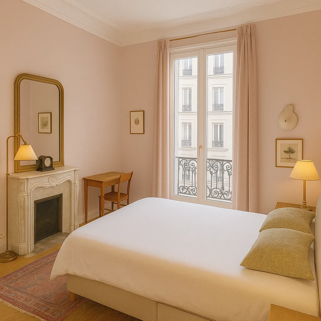Elegant master bedroom with blush pink walls, white ceiling moldings, a cozy bed with under-storage, Moroccan rug, antique marble fireplace, gold-framed mirror, petite desk in the corner, and whimsical ceramic wall art beside French windows.
