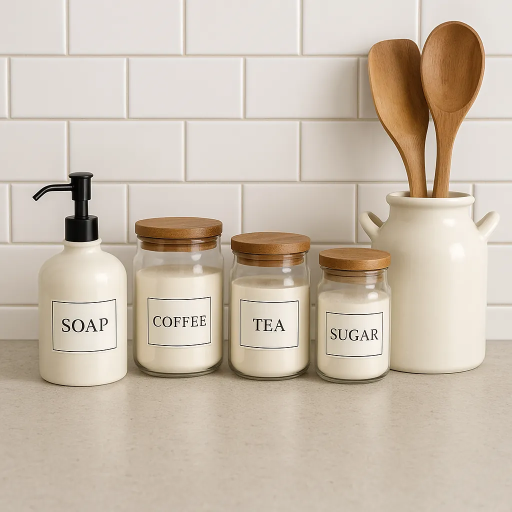 Kitchen countertop with matching ceramic and glass containers labeled soap, coffee, tea, and sugar, styled for a clean, logo-free, cohesive look.