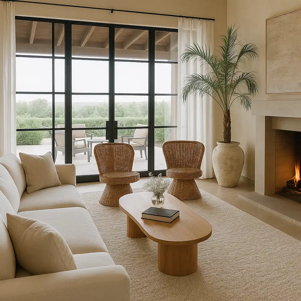 Bright Mediterranean-inspired living room with black-framed glass doors, rattan chairs, neutral sofa, wooden coffee table, and indoor palm next to a modern fireplace.