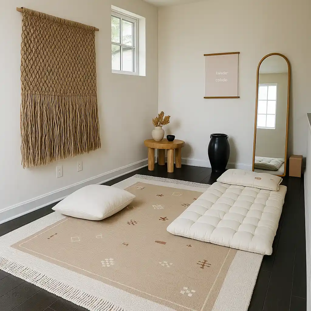 Minimalist meditation corner with floor cushions, natural fiber wall hanging, a small wooden table, and soft daylight in a serene loft space.