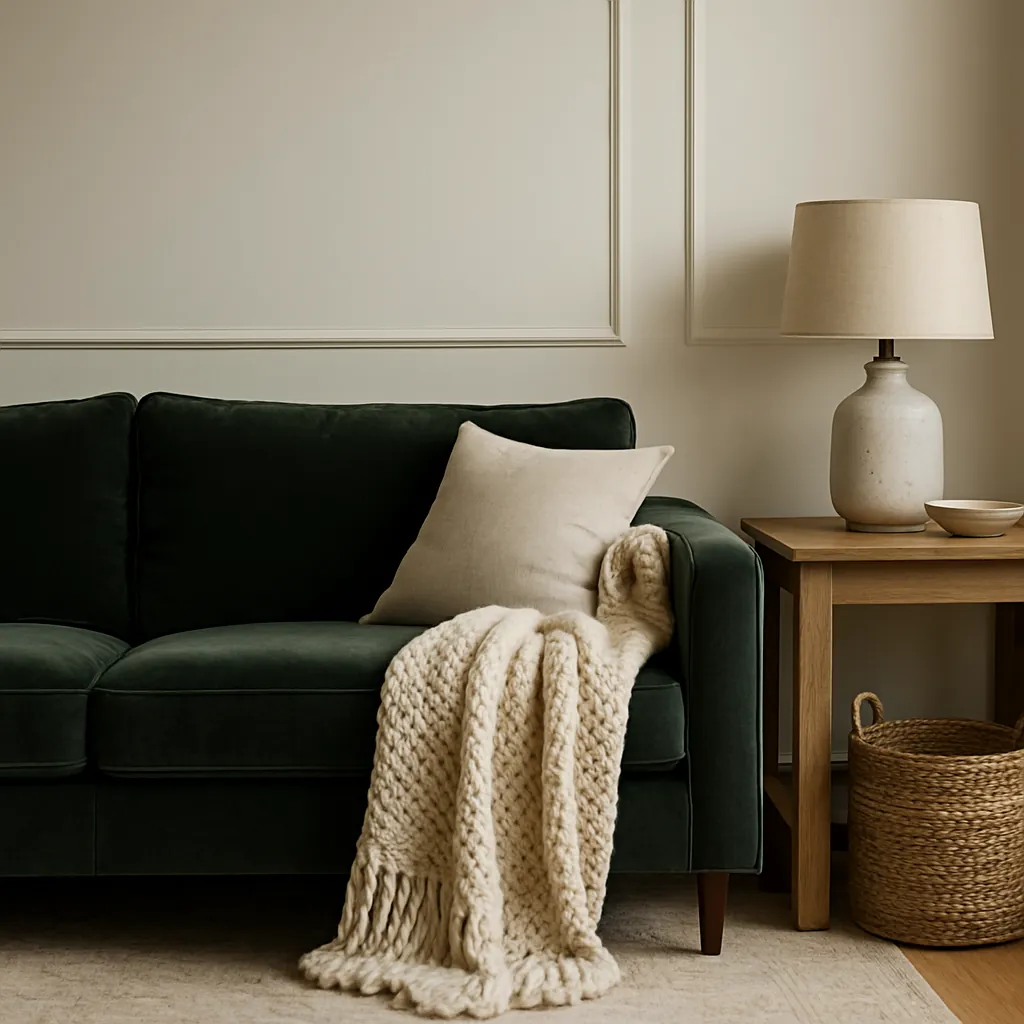 Living room corner with green velvet sofa, chunky knit throw, woven basket, and wood side table, layered with rich textures for a cozy, high-end feel.