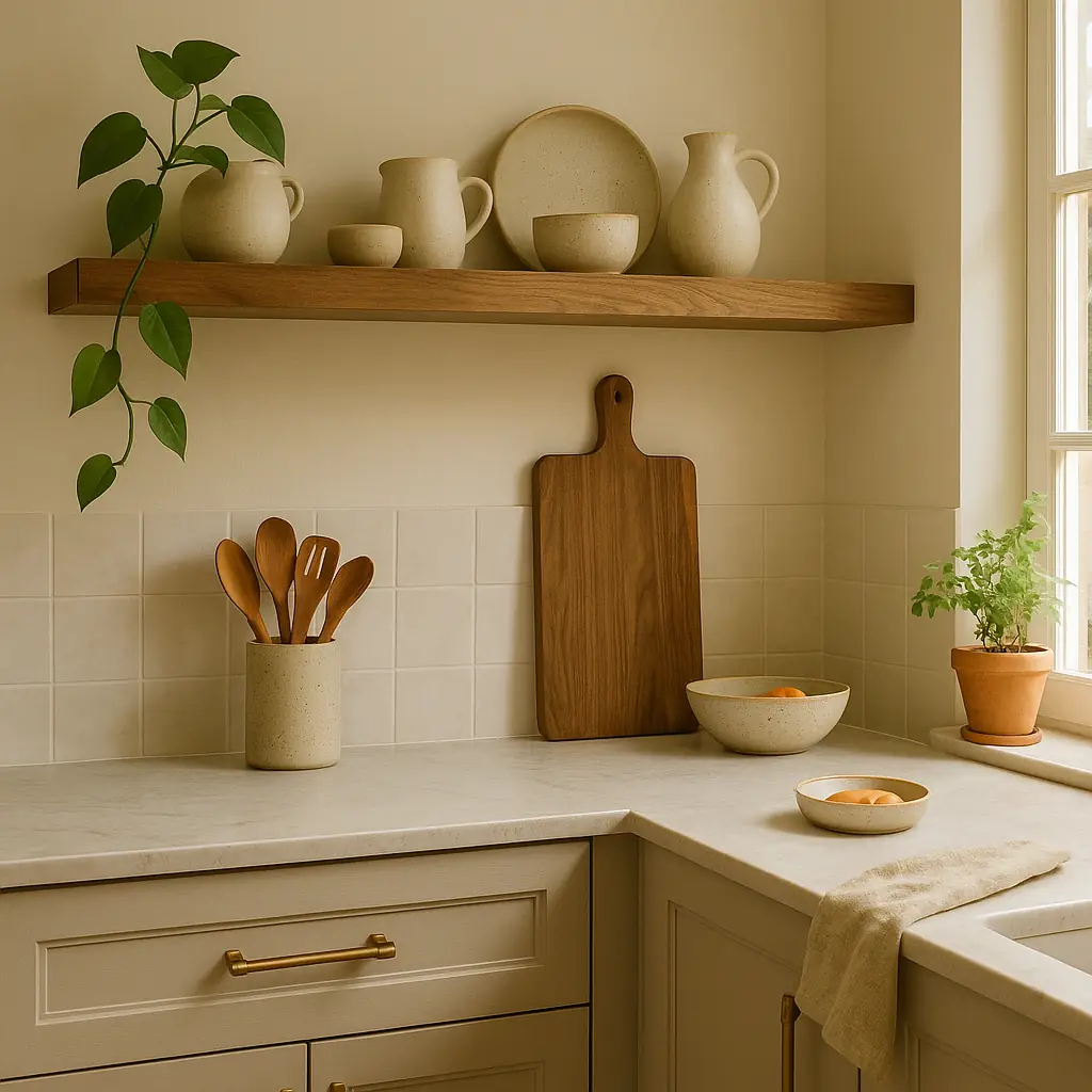 Modern Organic kitchen with greige cabinets, warm stone countertops, wooden utensils, open shelving with handmade ceramics, and potted plants — earthy, inviting, and wine-free.