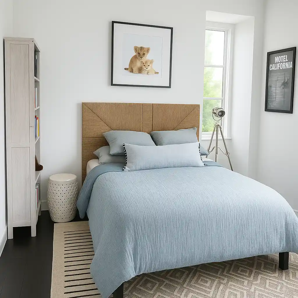 Modern bedroom with light blue bedding, wooden headboard, tall bookshelf, and large windows letting in daylight.