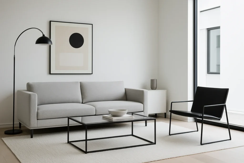 Modern minimalist living room with light gray sofa, black metal-framed coffee table, and black accent chair.