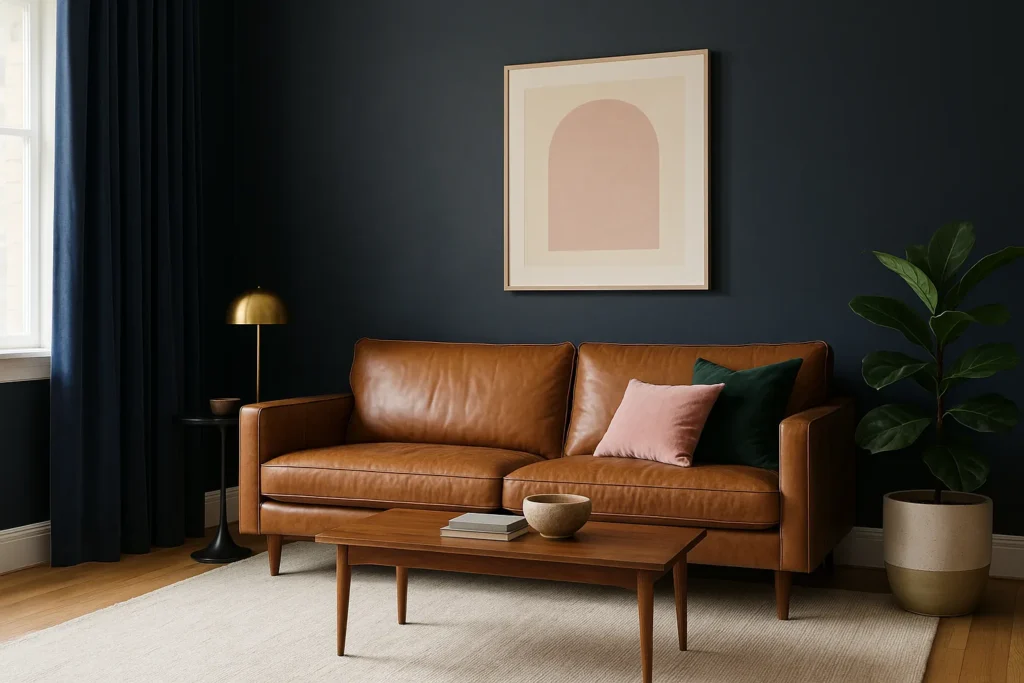 A moody and elegant living room with charcoal navy walls, a cognac leather sofa, and blush pink and emerald green pillows. The space features warm wood furniture, a brass lamp, and modern artwork, illustrating a sophisticated take on the 60-30-10 color rule.