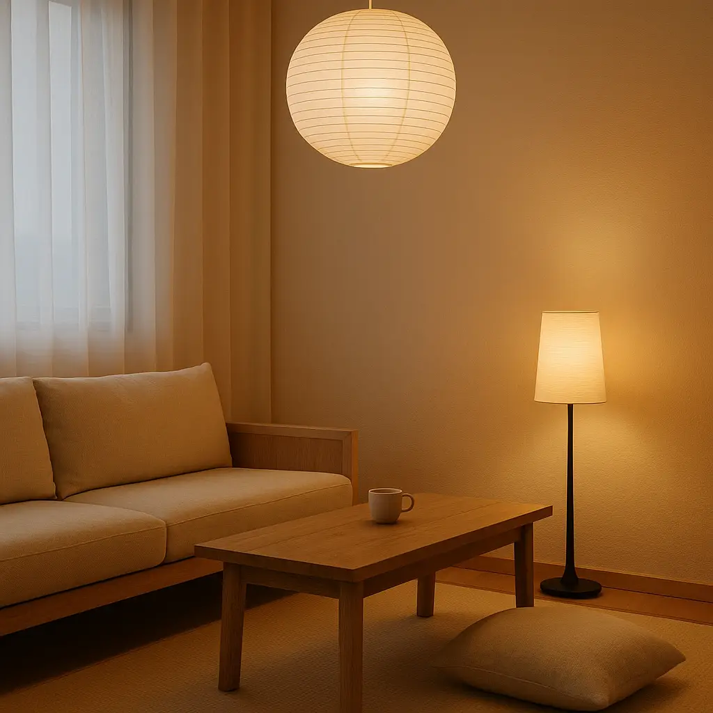 A serene Japanese-inspired living room with soft lighting from a paper lantern and floor lamp, sheer curtains diffusing daylight — embracing home decor trends that favor warm ambient light over harsh overhead fixtures.
