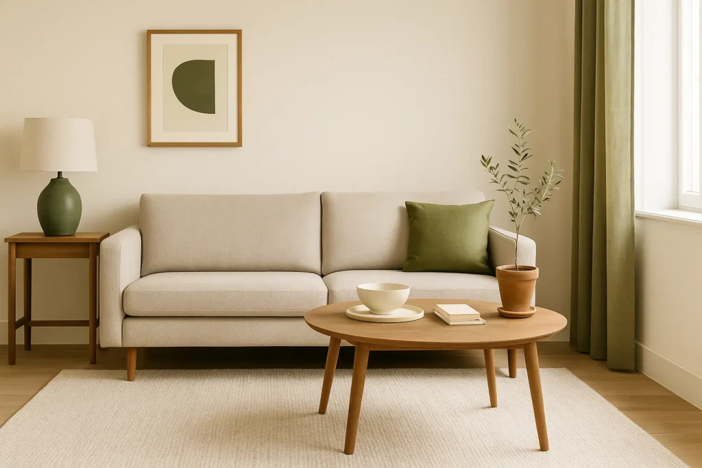 A neutral-toned living room with warm white walls, a light beige sofa, olive green curtains and pillow, and natural wood furniture — illustrating the 60-30-10 color rule with soft contrast and cohesive balance.
