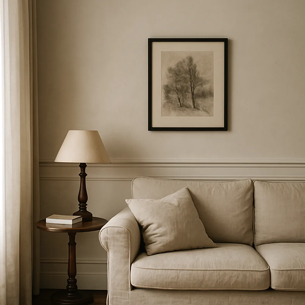Leaning antique gold mirror on a marble console table with dried hydrangeas in a ceramic vase and stacked vintage books, capturing cozy, imperfectly perfect Parisian apartment style.