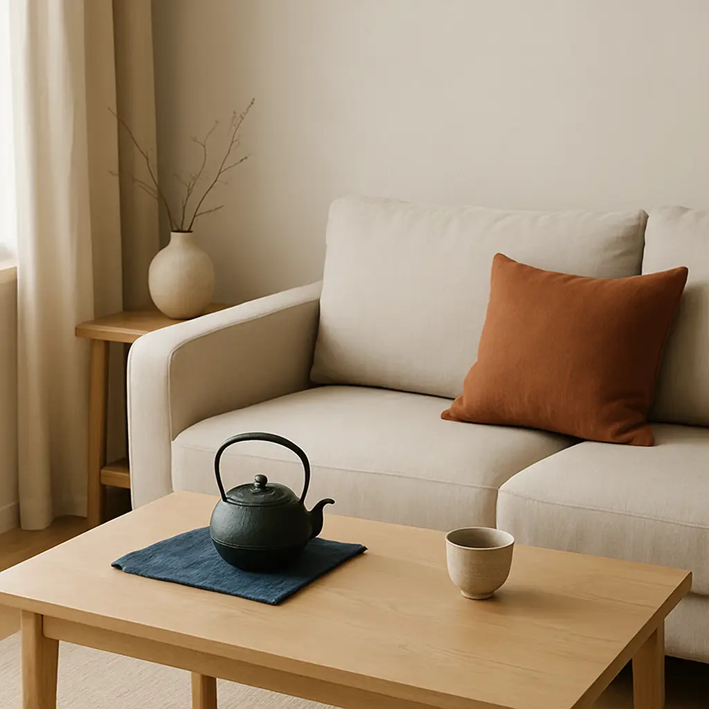 A Japanese-inspired living room with a beige sofa, rust-colored pillow, green teapot, and indigo napkin — illustrating home decor trends that blend neutral bases with soft, earthy accent colors.