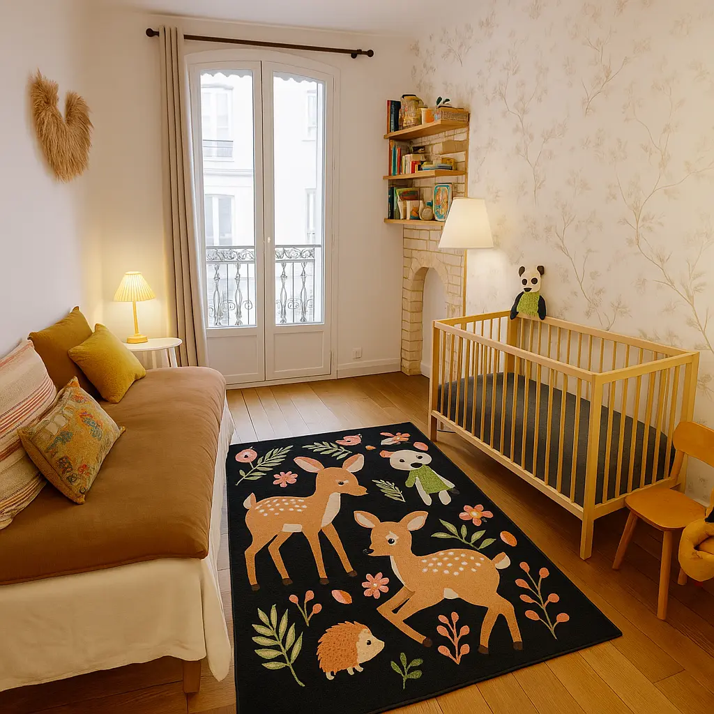 Cozy and sunlit nursery with a woodland-themed rug, a wooden crib with a panda plush, and a daybed with colorful pillows in a Parisian apartment