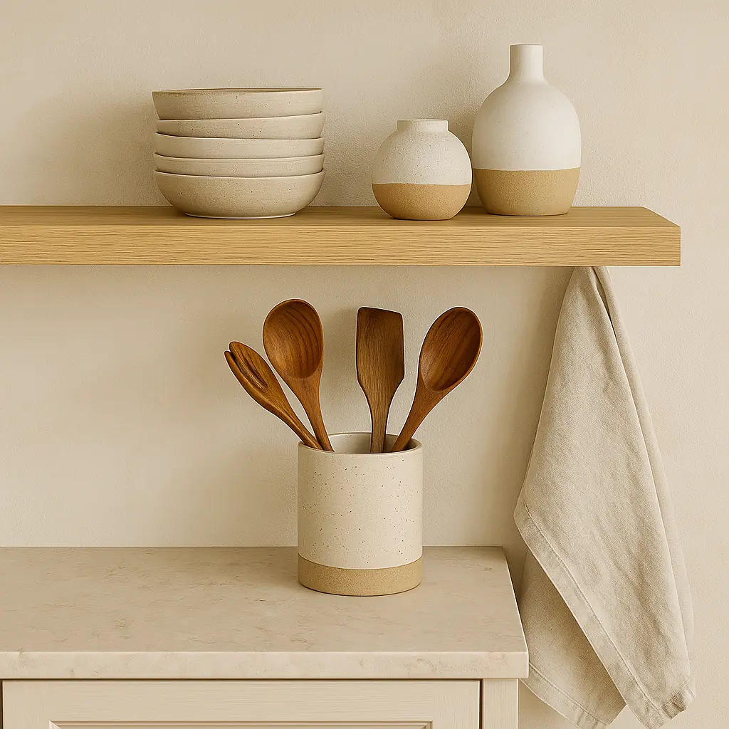 Modern Organic kitchen corner with open shelving, stoneware bowls, ceramic vases, wooden utensils, and a linen towel — warm, functional everyday decor.