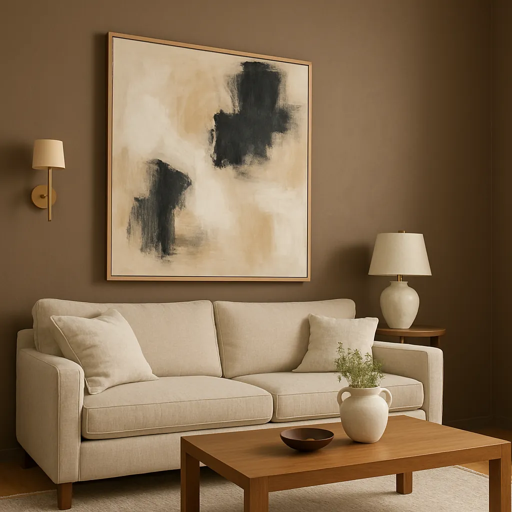 Living room with a bold oversized abstract painting on a warm taupe wall, styled with a neutral sofa, wood furniture, and brass accents for a luxe look. 