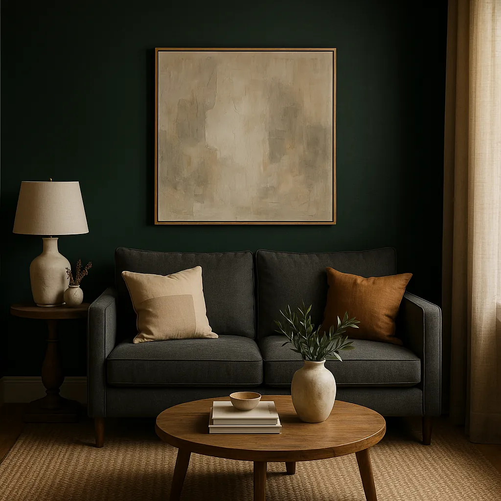 Cozy living room with a forest green accent wall, charcoal gray sofa, terracotta and neutral pillows, and soft lighting for a bold, moody atmosphere. 