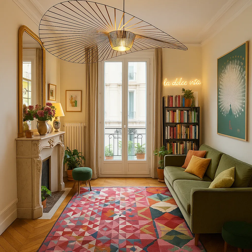 Bright Parisian living room with a green velvet sofa, geometric pink rug, tall bookshelf, and large sculptural pendant light, styled with a mix of vintage and modern decor in a classic Haussmann apartment.