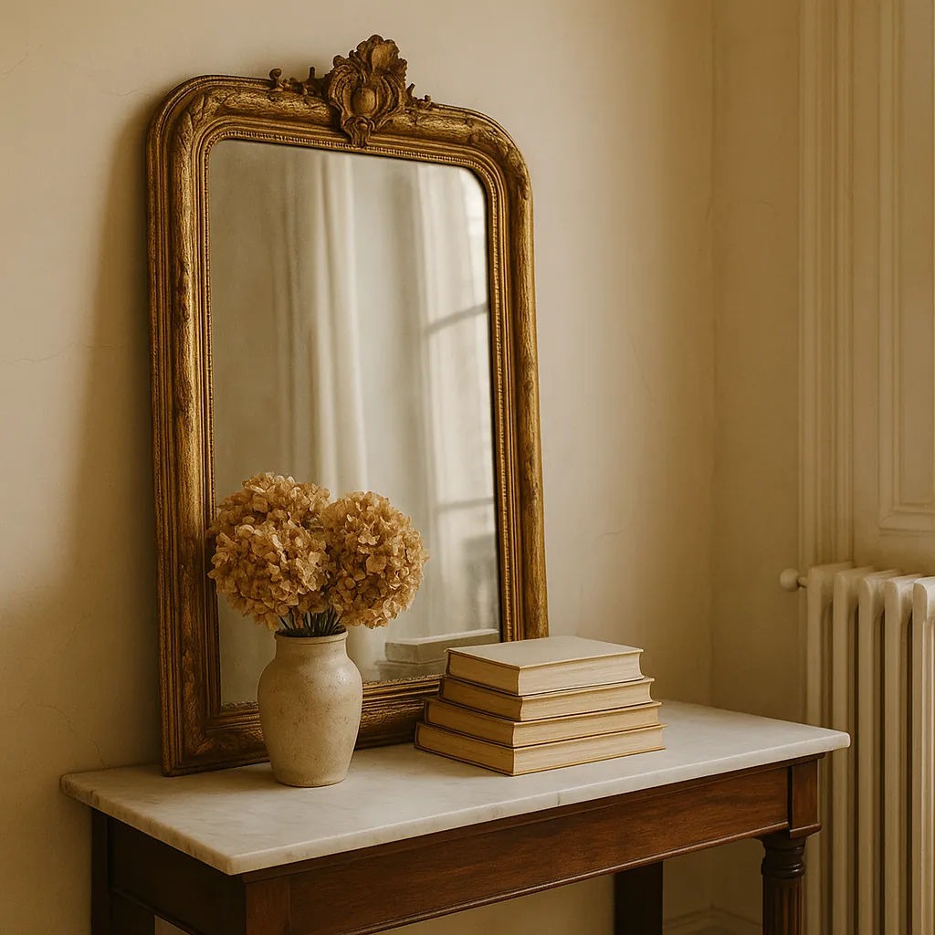 Leaning antique gold mirror on a marble console table with dried hydrangeas in a ceramic vase and stacked vintage books, capturing cozy, imperfectly perfect Parisian apartment style.