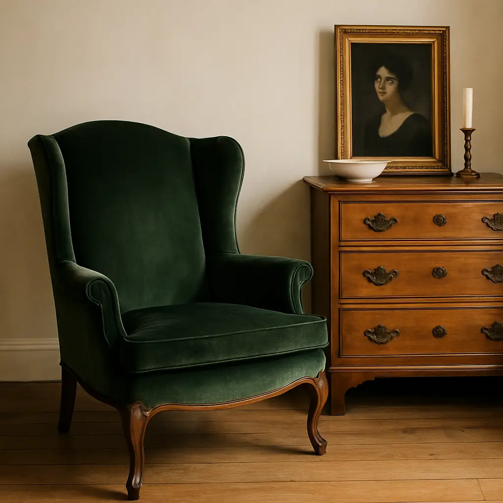 Elegant Parisian room corner featuring a vintage emerald velvet armchair and antique wood dresser, topped with a portrait painting, candle, and ceramic bowl — showcasing a timeless statement piece.