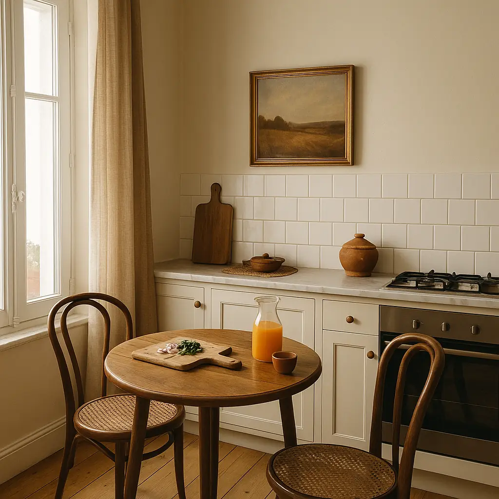Charming Parisian kitchen with white cabinets, subway tile backsplash, and a round wooden table set with a juice carafe, ceramic cup, and fresh herbs — evoking a cozy, lived-in gathering space.