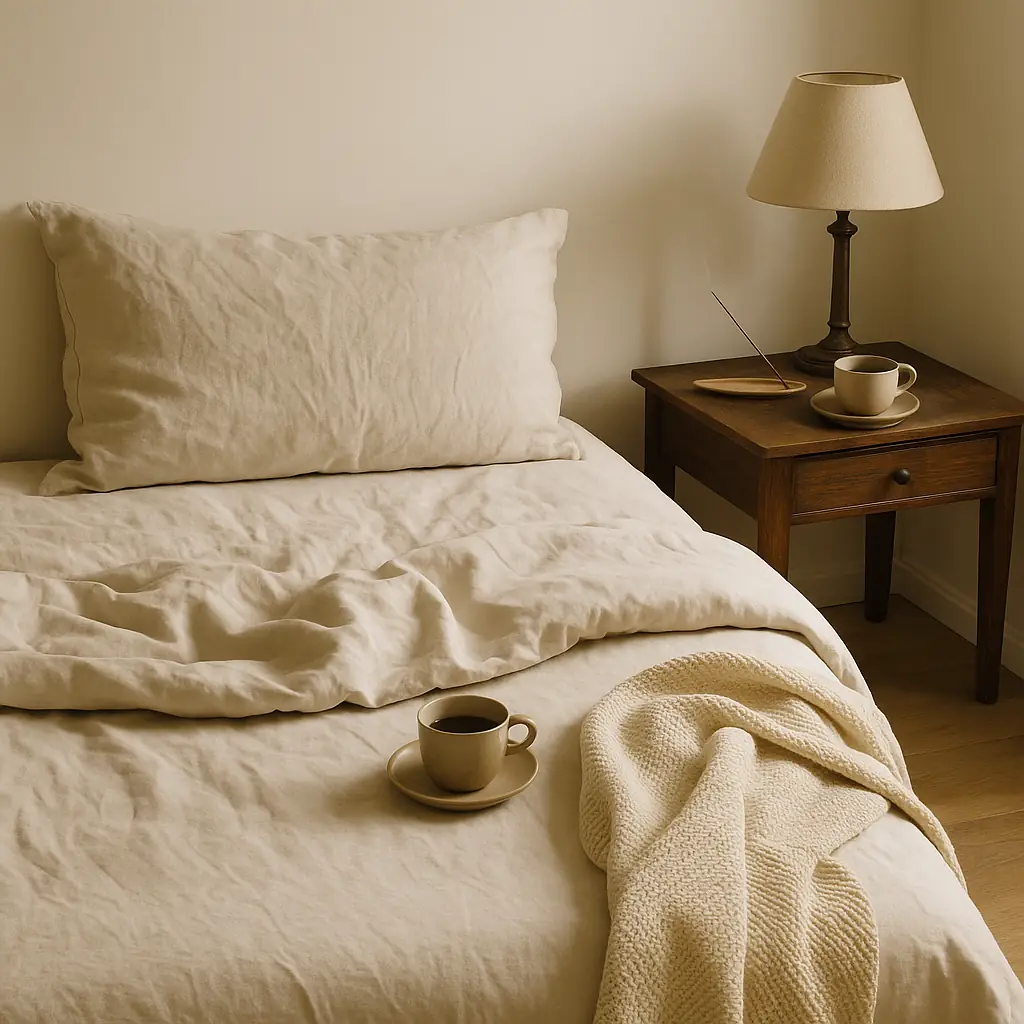 Parisian bedroom with a casually unmade linen bed, knit blanket, coffee cups, and a wooden nightstand holding incense and a lamp — evoking a lived-in, relaxed atmosphere.