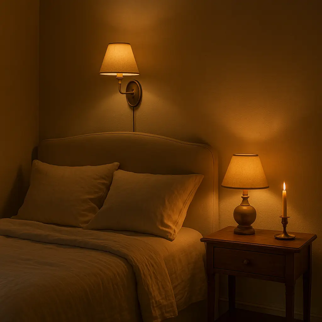 Cozy Parisian bedroom at night with warm mood lighting from a wall-mounted sconce, vintage bedside lamp, and taper candle, highlighting ambient layers and soft linen bedding.