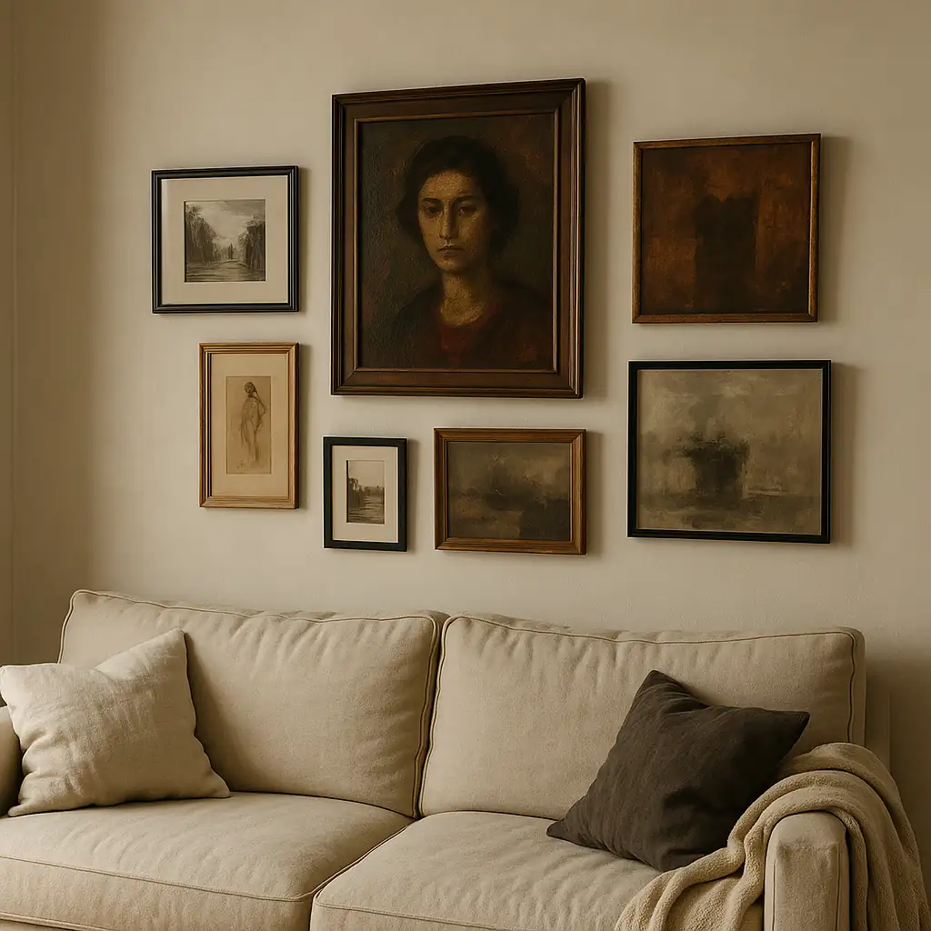 Parisian-style gallery wall above a beige sofa featuring mismatched frames with moody oil portraits, black-and-white sketches, and abstract artwork in soft, muted tones.