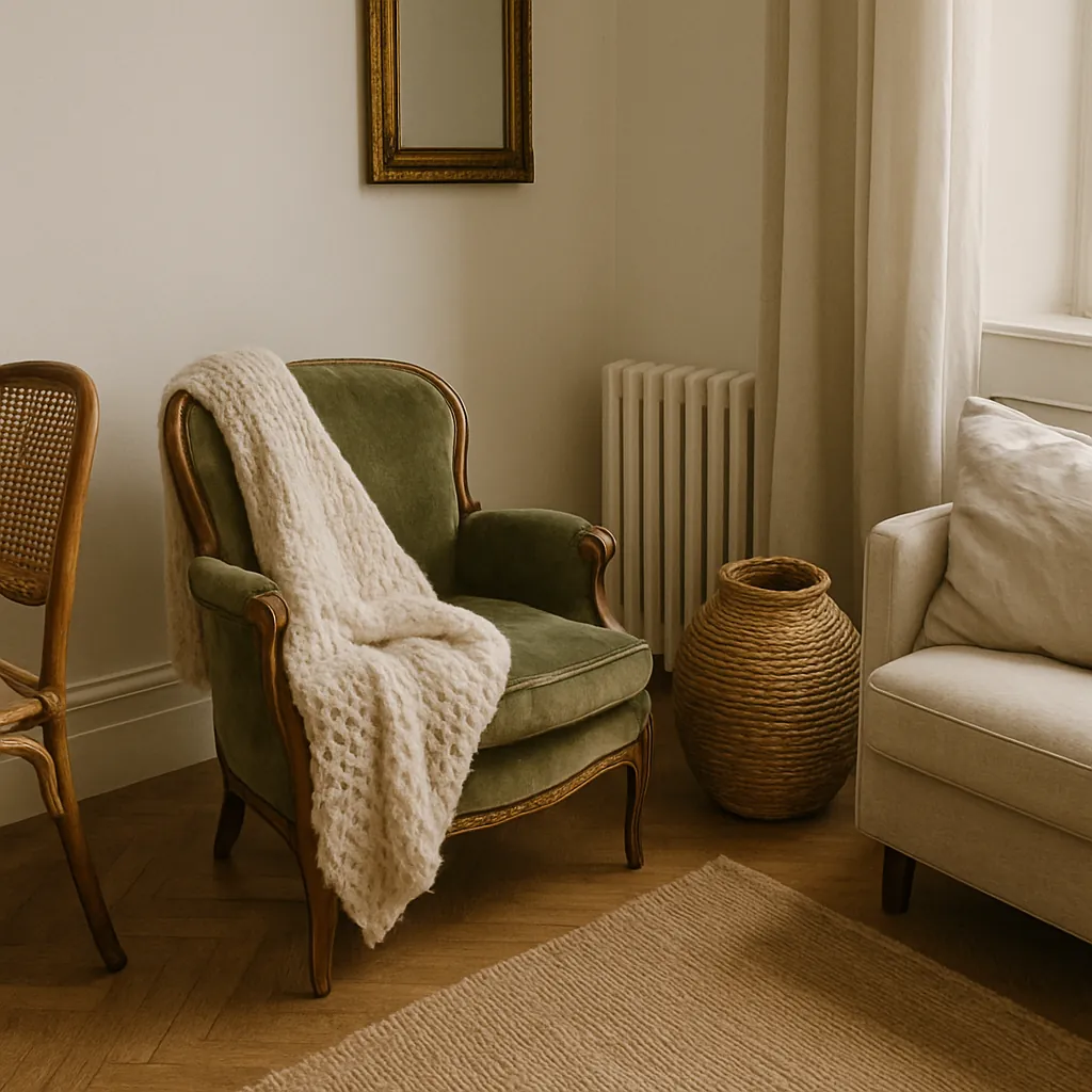Parisian-style living room corner with a green velvet armchair, chunky wool throw, cane chair, jute rug, and woven basket, highlighting cozy natural textures in a neutral setting.