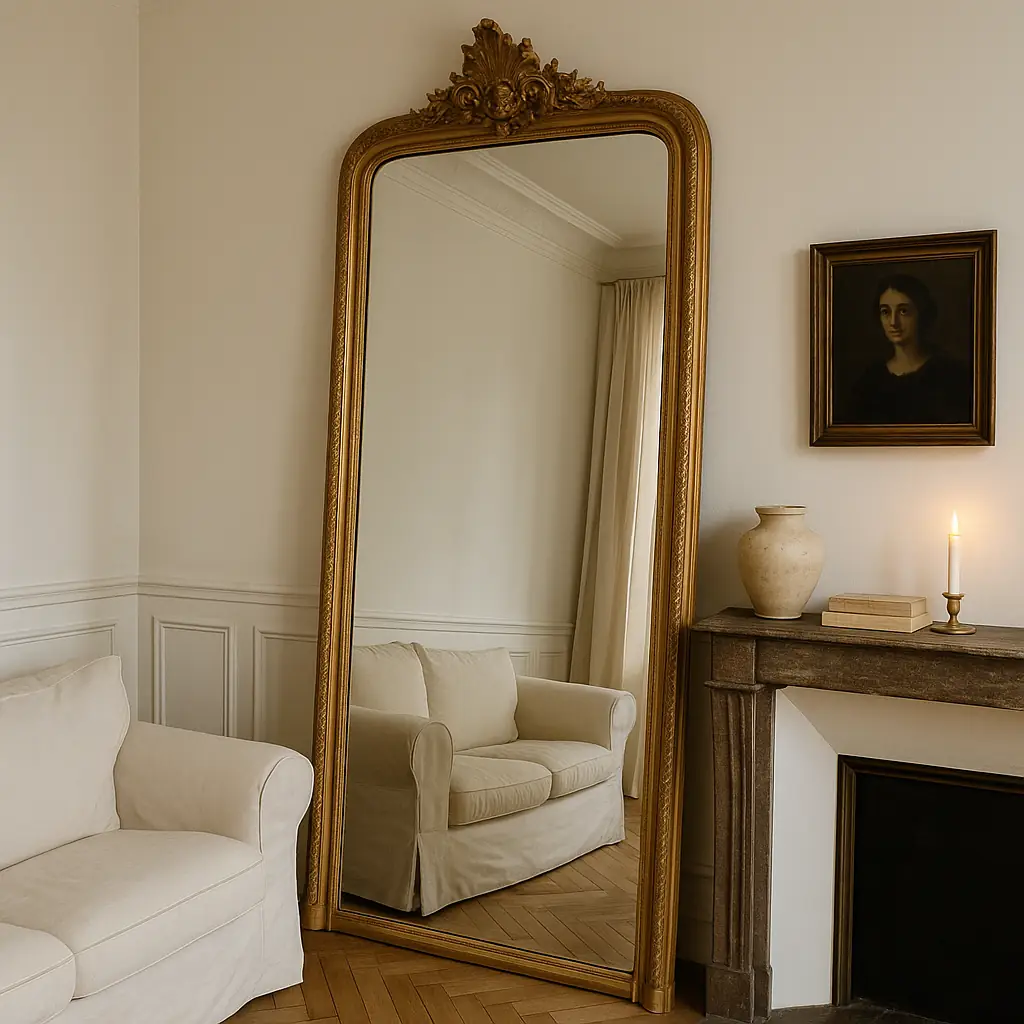Elegant Parisian living room with a tall gilded mirror leaning on the wall beside a stone mantel, white linen sofa, candlelight, and vintage portrait creating depth and drama.