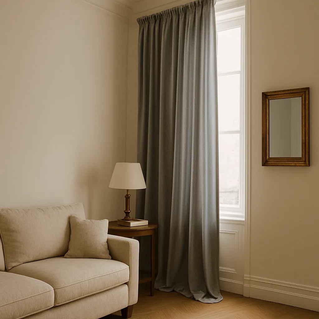 Parisian-inspired living room with gray velvet curtains mounted high near the crown molding, beige sofa, wooden side table, and gold-framed mirror creating a soft, dramatic look.