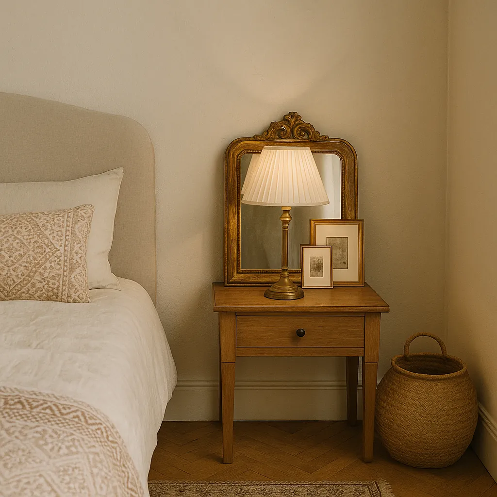 Cozy Parisian bedroom corner with a gilded mirror leaning behind a brass bedside lamp on a wooden nightstand, framed art and a woven basket adding a relaxed, collected vibe.