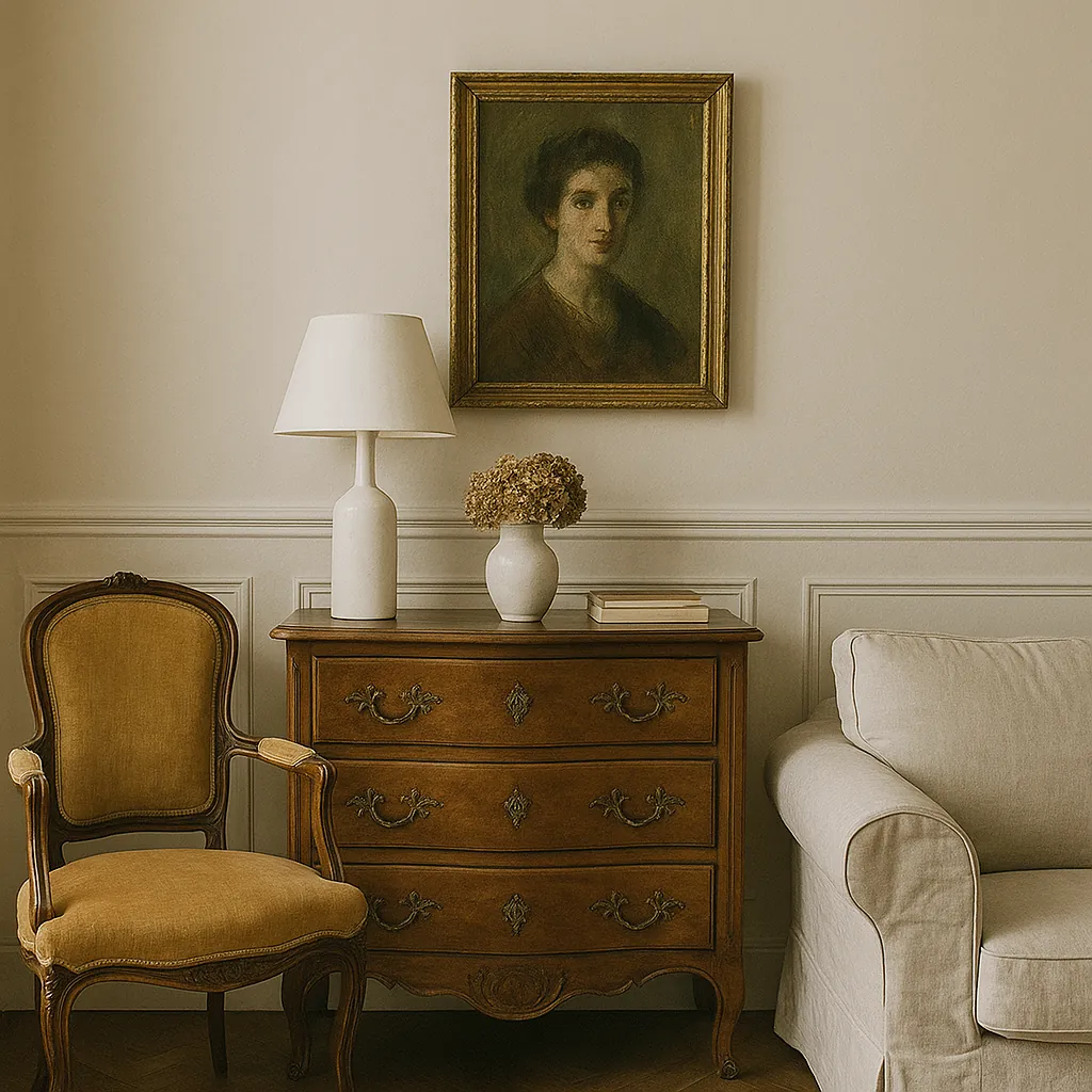 A Parisian-style living room corner featuring a vintage velvet armchair, antique wooden chest, contemporary white lamp, and a linen slipcover sofa beneath a framed portrait, blending old and new decor seamlessly.