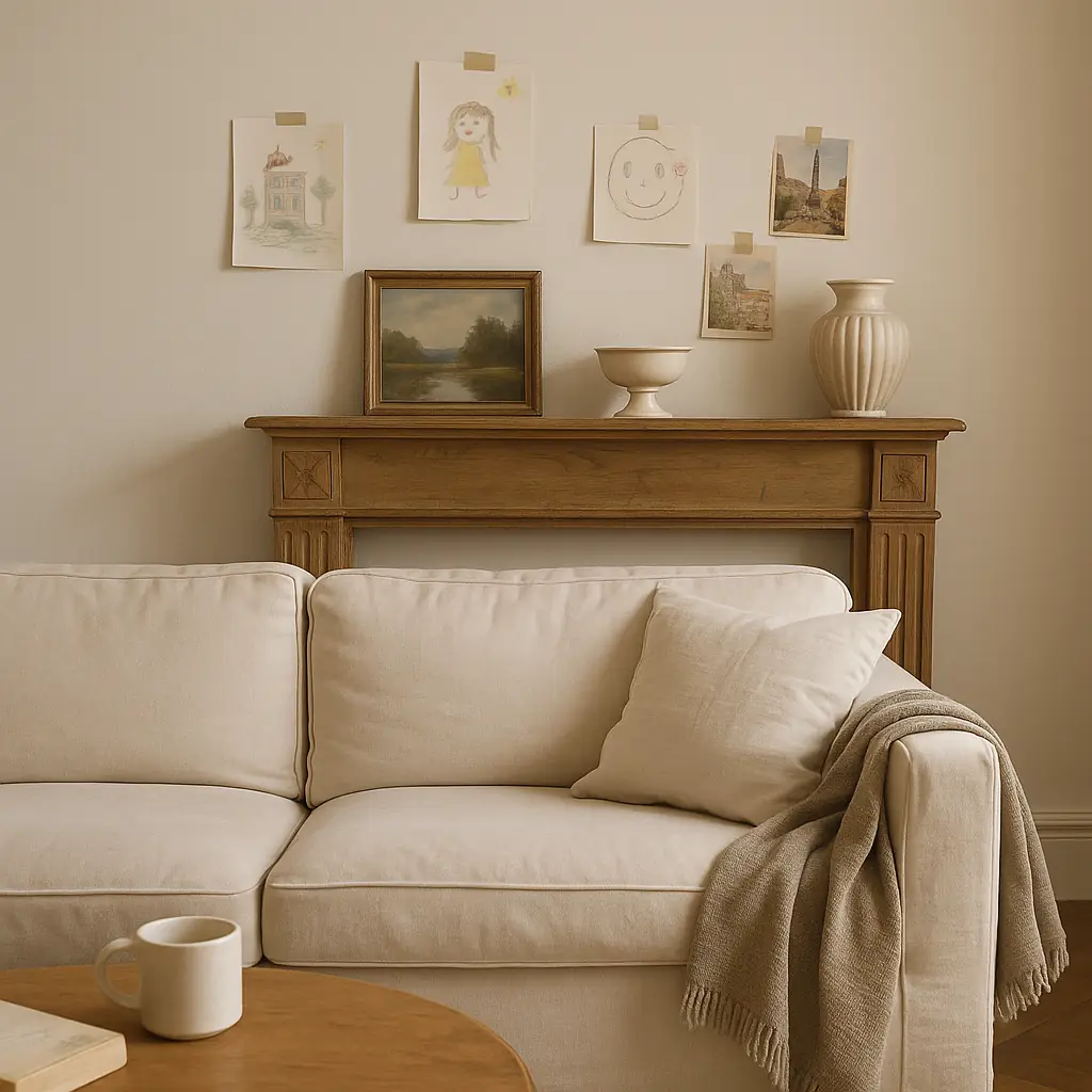 Cozy Parisian living room with a neutral sofa, wooden mantel decorated with children's drawings, postcards, and vintage vases — showcasing a space layered with personal stories and charm.