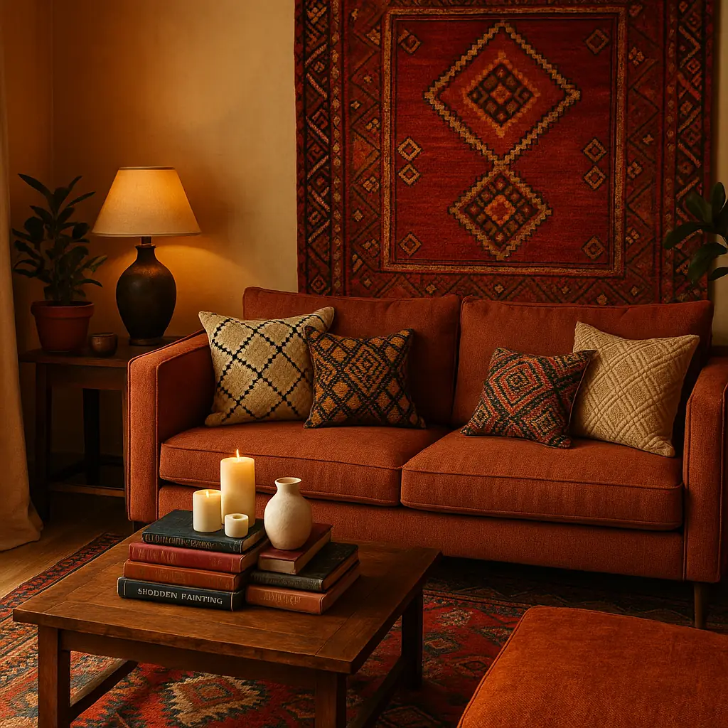 Eclectic Parisian living room with stacked vintage books on a wooden coffee table, surrounded by candles, pottery, a terracotta-toned sofa, and a Moroccan rug hanging above.
