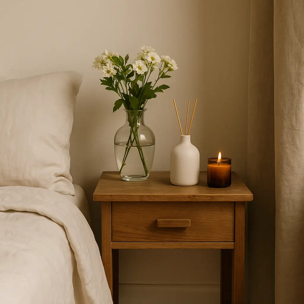 Parisian-style bedroom nightstand with a reed diffuser, flickering candle, and fresh white flowers beside a linen bed — creating a soft, cozy atmosphere with subtle scent layers.