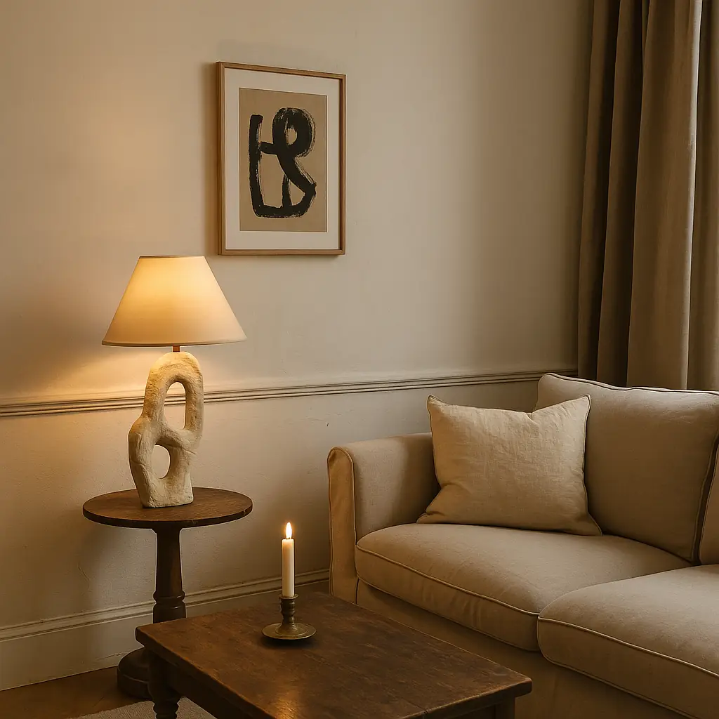 Parisian living room corner with a sculptural lamp on a wooden side table, abstract artwork above a linen sofa, and a candle on a vintage coffee table — adding an unexpected artistic touch.