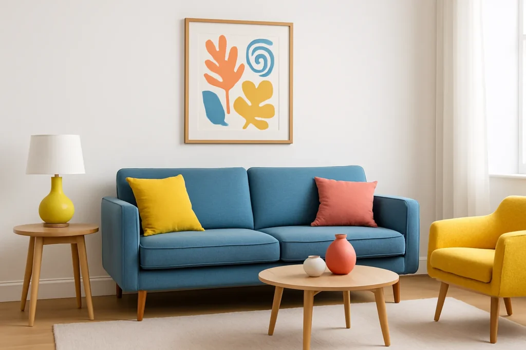 A bright, playful living room with crisp white walls, a sky blue sofa, a yellow armchair, and coral and yellow accent pillows. The space includes colorful abstract wall art and light wood furniture, demonstrating a cheerful 60-30-10 color balance.