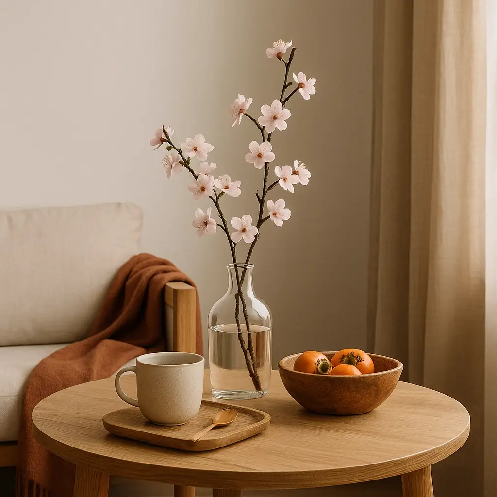 A minimalist Japanese-inspired decor setup with cherry blossoms and seasonal fruit on a wooden table — reflecting Japanese decorating practices that align home design with the changing seasons.