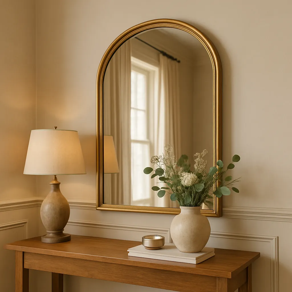 Arched gold-framed mirror above a wood console table styled with a ceramic lamp, stacked books, and a vase of greenery in a warm neutral space. 