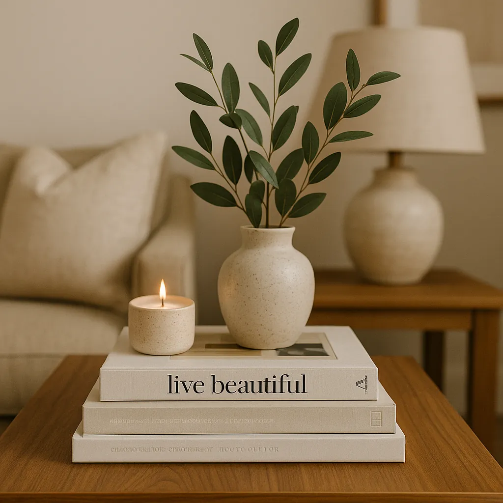 Wooden side table styled with stacked neutral books, a speckled ceramic vase holding greenery, and a lit candle for a layered, intentional decor look.