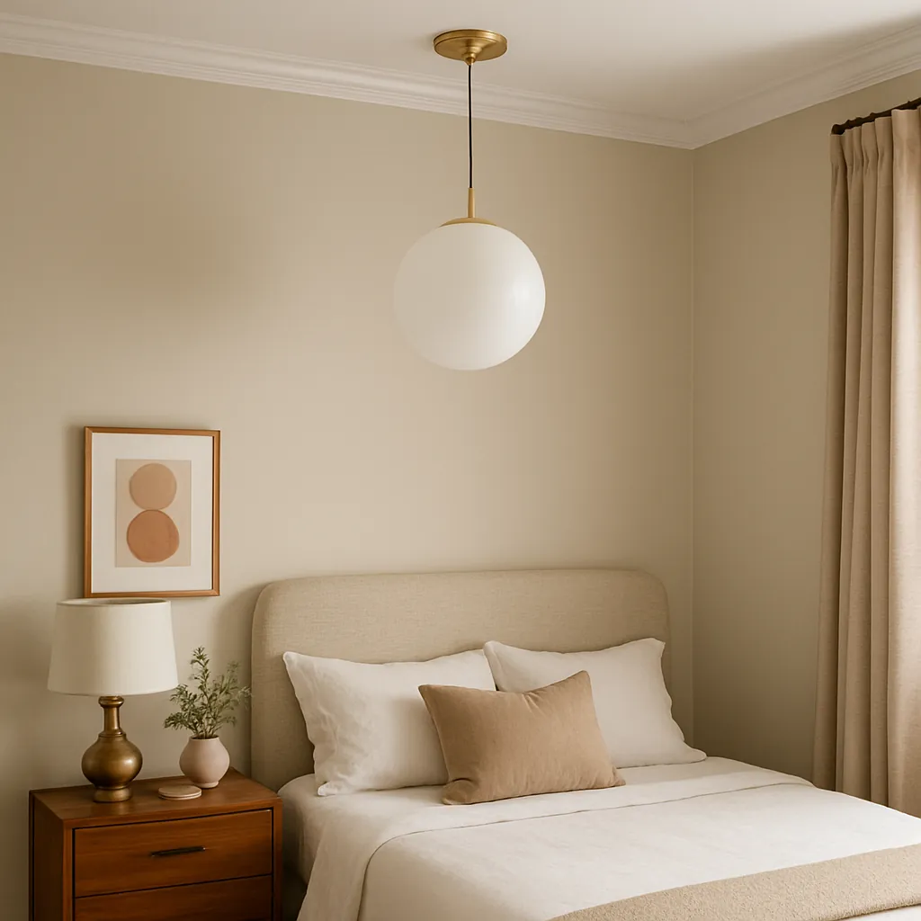 Neutral bedroom with a modern white globe pendant light, beige upholstered bed, wooden nightstand, and brass lamp for a cozy, updated look.